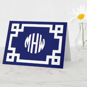 Navy Blauwe Witte Cirkel Monogram Griekse Sleutel Kaart