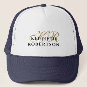 Navy Blauwe Witte Monogram Gouden Zwarte Minimalis Trucker Pet