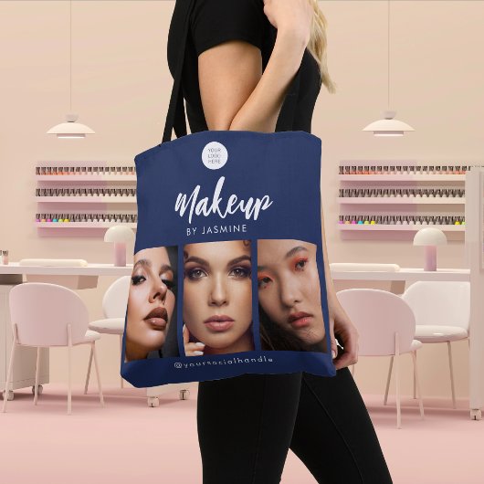Navy Blauwe Witte Script Logo Foto Make-up Studio Draagtas