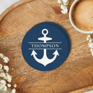 Navy Blauwe Zeeanker Monogram Ronde Kartonnen Onderzetter