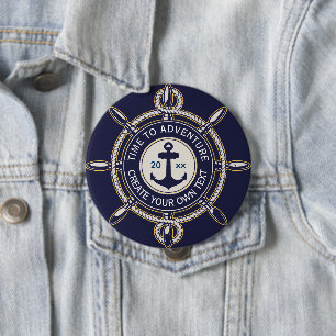 Navy Blauwe Zeeanker & Scheepsstuurwiel Avontuur Ronde Button 4,0 Cm