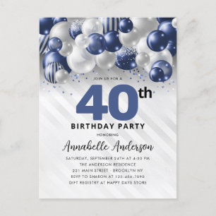 Navy Blauwe Zilveren Ballon Glitter 40e Verjaardag Briefkaart