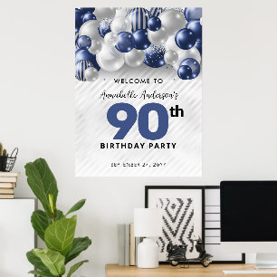Navy Blauwe Zilveren Ballon Welkom 90e Verjaardag Poster