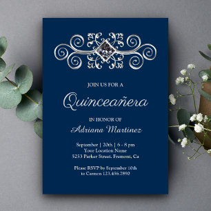Navy Blauwe Zilveren Bloem Quinceanera Kaart