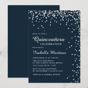 Navy Blauwe Zilveren Diamant Confetti Quinceañera Kaart