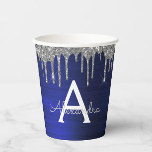 Navy Blauwe Zilveren Glitter en Glans Monogram Papieren Bekers