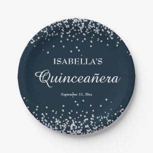 Navy Blauwe Zilveren Glitter Meisjes Quinceanera Papieren Bordje