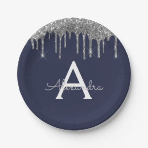 Navy Blauwe Zilveren Glitter Monogram Verjaardag Papieren Bordje