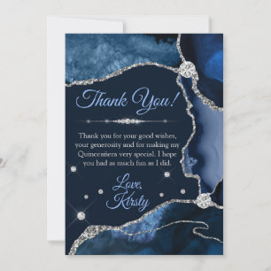 Navy Blauwe & Zilveren Nep Glitter Agate Quinceañe Bedankkaart