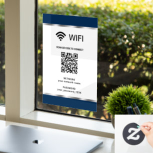 Navy Blauwe Zilveren QR Code Wifi Netwerk en Wacht Raamsticker