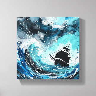 Navy & Blauwgroen Waterverf Ocean Canvas Stormy Ze Afdruk