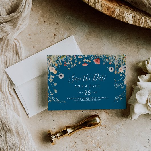 Navy Blissful Boho Wildflower Horizontal Wedding Save The Date