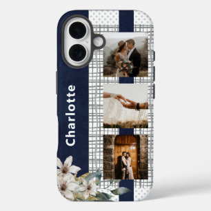 Navy Bloem 3 Foto Jubileum Koppel Naam iPhone 16 Hoesje