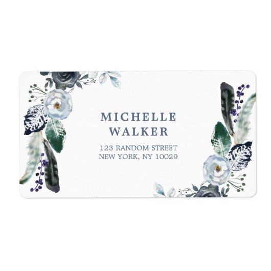 Navy Bloemen Boho Bruiloft Adres Label (Voorkant)
