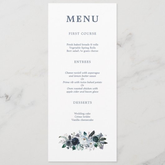 Navy Bloemen Boho Bruiloft Menu (Voorkant)