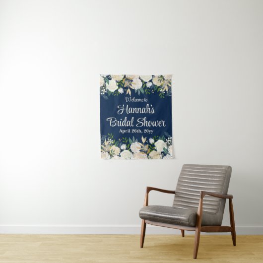 Navy Bloemen Groene Rozen Welkom bij Bruidsdouche Wandkleed (In situ)