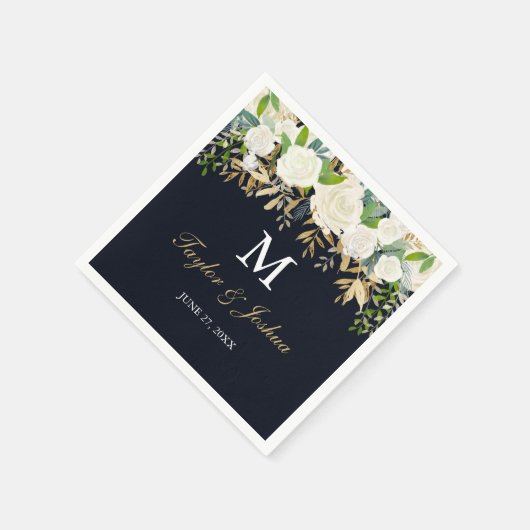 Navy Bloemen Monogram Waterverf Bruiloft Servet (Hoek)