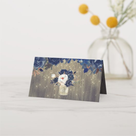 Navy Bloemen Rustiek Hout Mason Jar Bruiloft (Achterkant)
