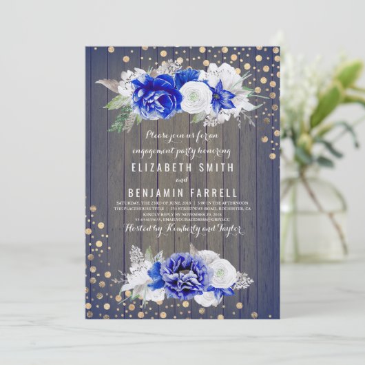 Navy Bloemen Rustiek Verlovingsfeest Kaart (Staand voorkant)