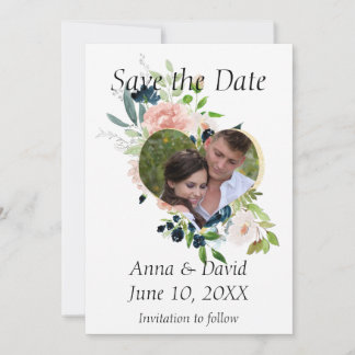 Navy Bloemen Waterverf Foto Save the Date