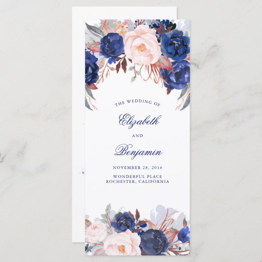 Navy Bloemen Waterverf Trouwprogramma's Programma (Voorkant / Achterkant)