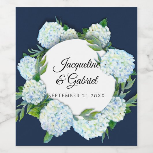 Navy Bloemen Witte Hydrangea Elegante Rustieke Bru Wijn Etiket (Enkel label)