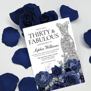 Navy Bloemen & Zilveren Diamanten Jurk 30e Verjaar Kaart