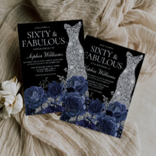 Navy Bloemen & Zilveren Jurk Zwart 60e Verjaardag Kaart