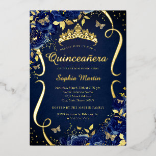 Navy Bloemenvlinder Tiara Quinceanera Folie Uitnodiging