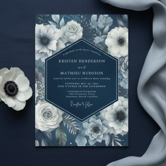 Navy Bloom Moody Bruiloft Kaart
