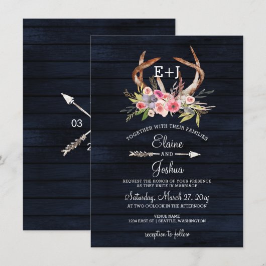 Navy Blooming Antlers Land Chic Weddenschap Kaart (Voorkant / Achterkant)
