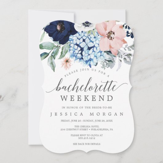 Navy Blooms Bachelorette Weekendprogramma Kaart (Voorkant)