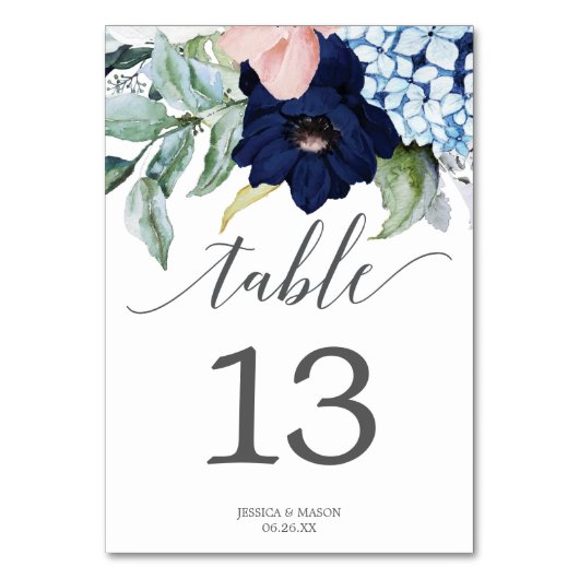 Navy Blooms Trouwtafel Nummers Dubbelzijdig Kaart (Voorkant)