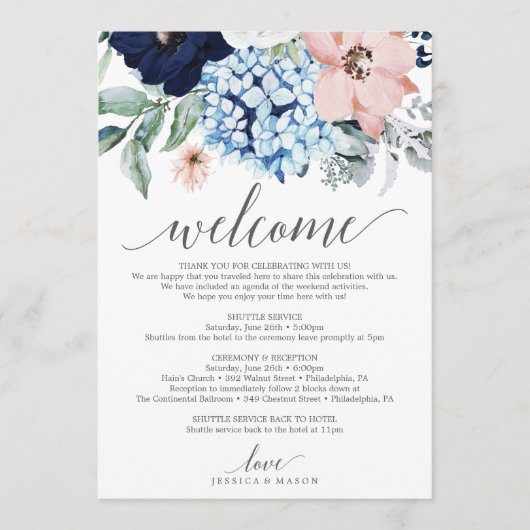 Navy Blooms Wedding Welkomstroutebrief Programma (Voorkant)