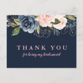 Navy Blossom roze floral bridesmaid dank u wel! Uitnodiging Briefkaart (Voorkant)