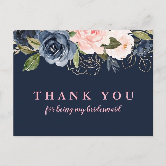 Navy Blossom roze floral bridesmaid dank u wel! Uitnodiging Briefkaart (Voorkant)