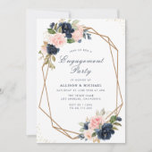 Navy & blozend geometrisch verlovingsfeest kaart (Voorkant)