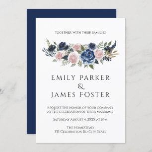 Navy Blu & Blush Floral Elegant Wedding Invitation Kaart