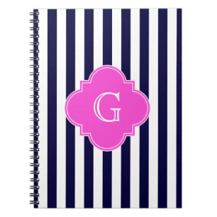 Navy Blu White Stripe Hot Pink Quatrefoil Monogram Notitieboek