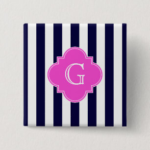 Navy Blu White Stripe Hot Pink Quatrefoil Monogram Vierkante Button 5,1 Cm