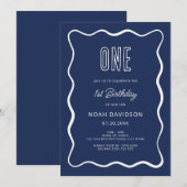 Navy Blue1st Verjaardag Uitnodiging met Wavy Borde (Voorkant / Achterkant)
