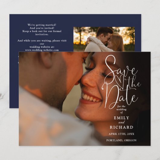 Navy Blue 2 Foto Elegante Script Trouw QR-code Save The Date (Voorkant / Achterkant)