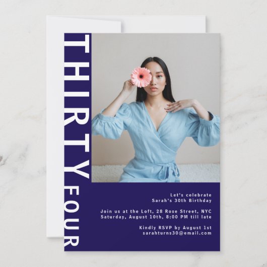 Navy Blue 34th Birthday Photo Invitation (Devant)