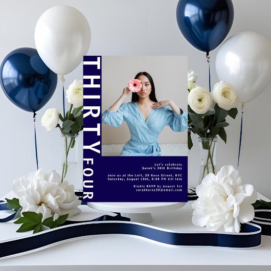 Navy Blue 34th Birthday Photo Invitation
