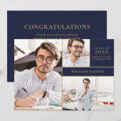 Navy Blue 3 Photo Gold Graduation Party Invitation (Devant / Derrière)