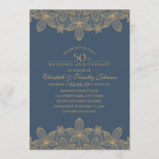 Navy Blue 50ste huwelijksjubileum Gouden Kant Kaart