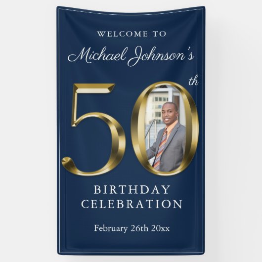 Navy Blue 50th Birthday Solid Gold Custom Photo Spandoek (Verticaal)