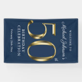 Navy Blue 50th Birthday Solid Gold Typografie Spandoek (Horizontaal)