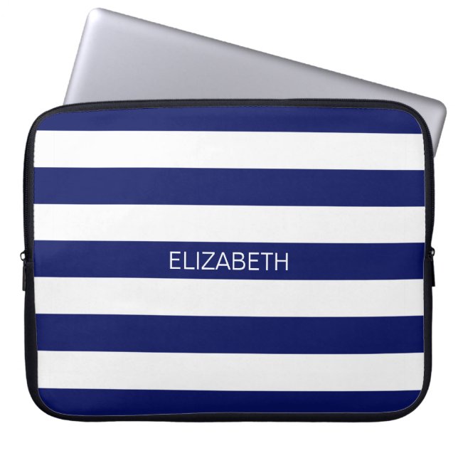 Navy Blue 5c Preppy Horiz Stripe Name Monogram Laptop Sleeve (Voorkant)