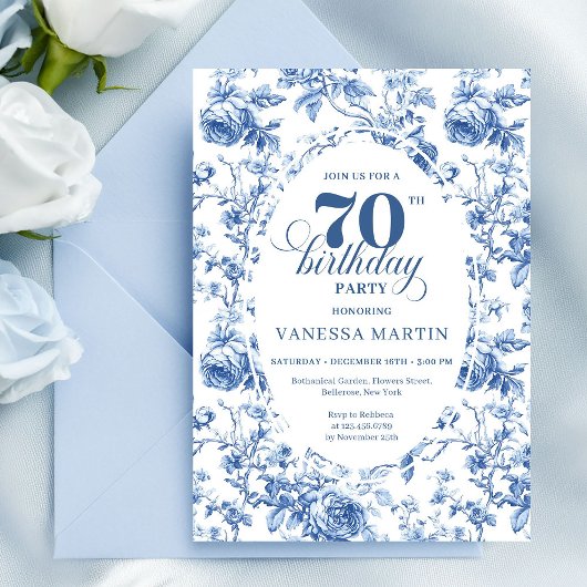 Navy Blue 70th Birthday Classic Floral Invitation